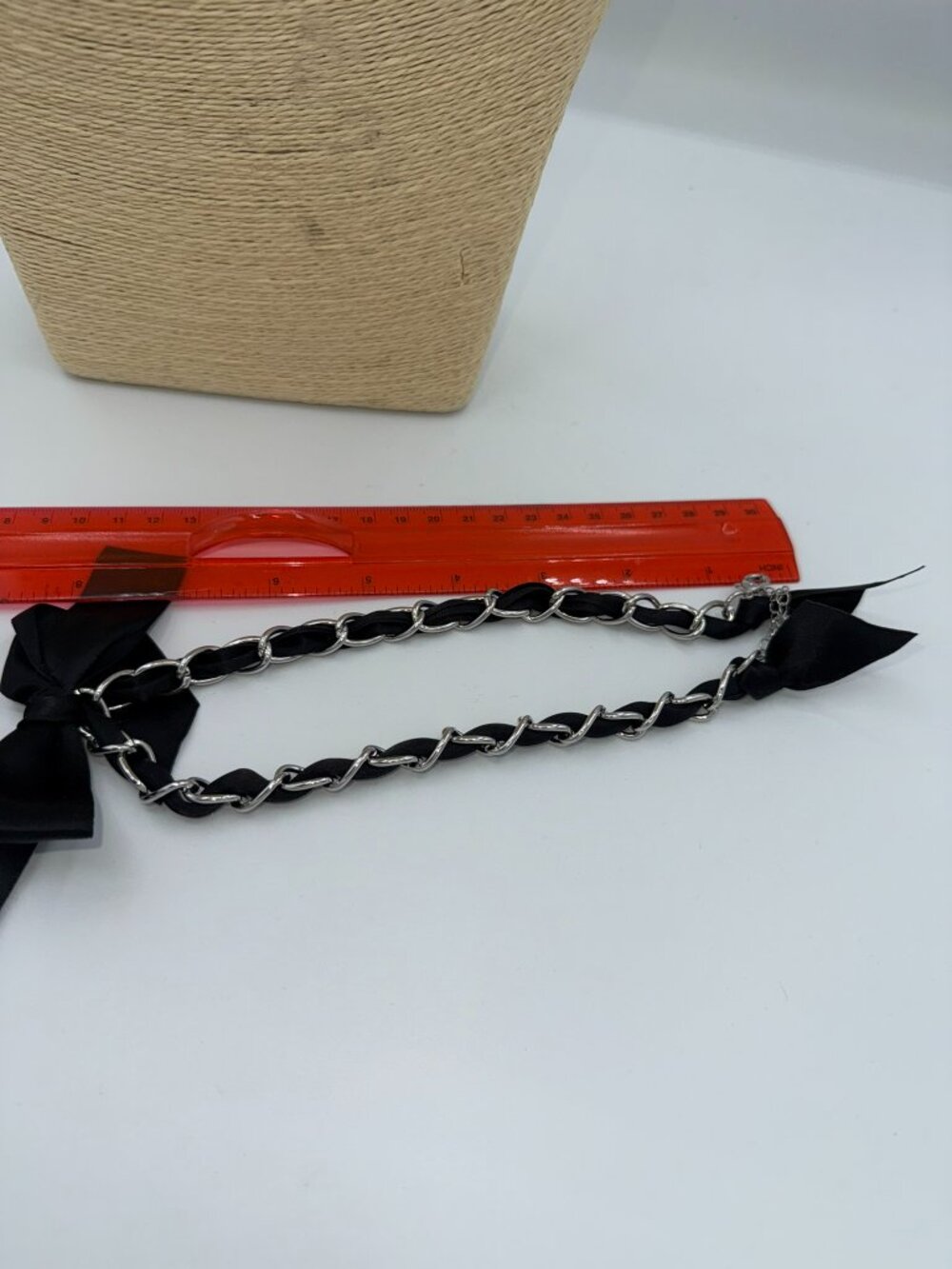 Black Ribbon Silver Tone Chain Bow Statement Necklace - Picture 3 of 8